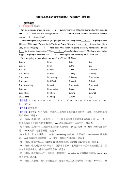 信阳市小学英语语文专题复习 完形填空(附答案)