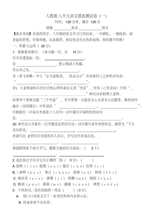 人教版八升九语文摸底测试卷2套(带答案)