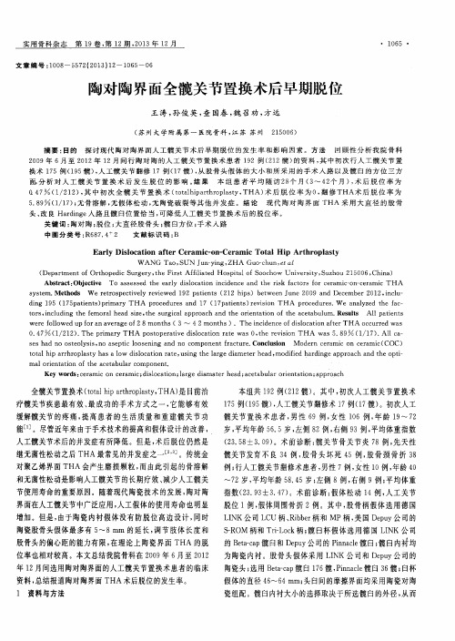 陶对陶界面全髋关节置换术后早期脱位