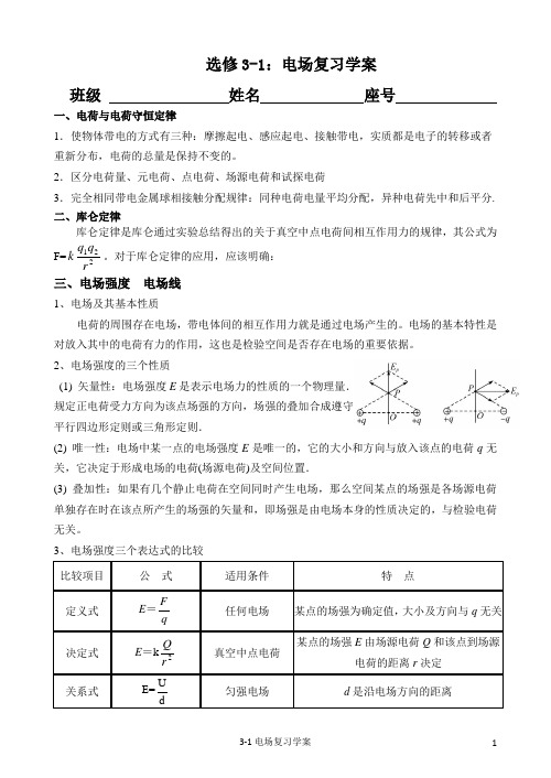 高二选修3-1第2章电场复习学案