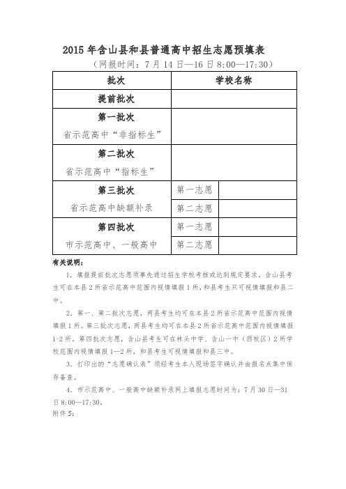2015年含山县和县普通高中招生志愿预填表