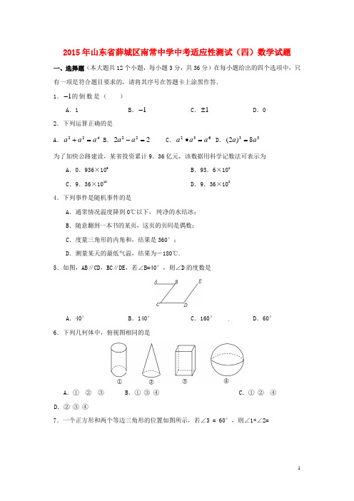 山东省枣庄市薛城区沙沟镇南常中学2015届中考数学适应性测试试题(四)