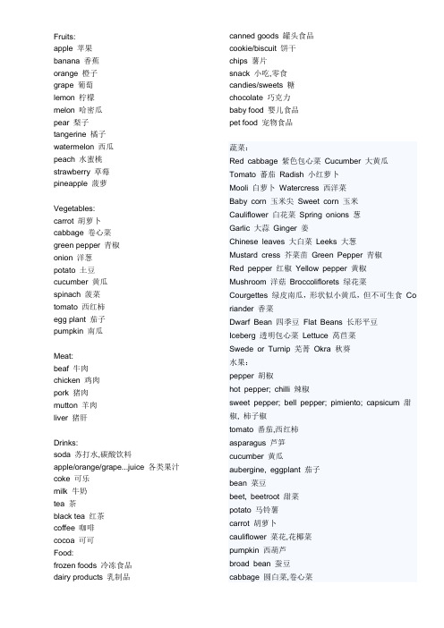 英文常用水果蔬菜名