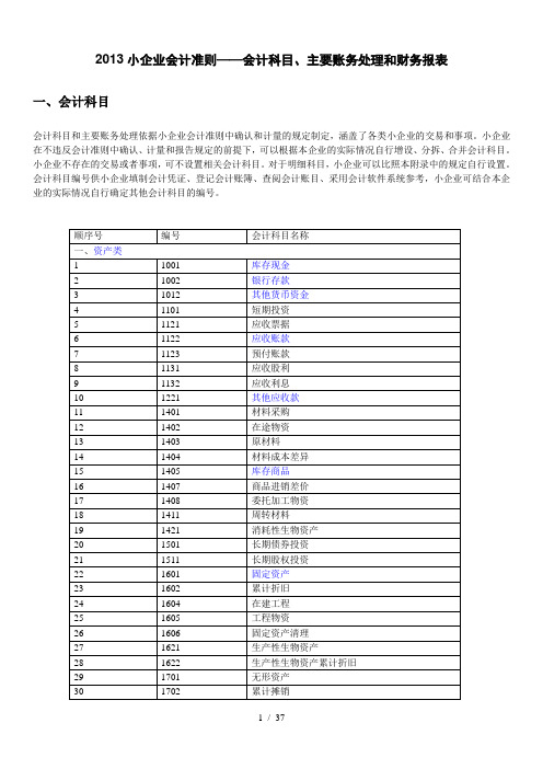 小企业会计准则-会计科目-主要账务处理和财务报表