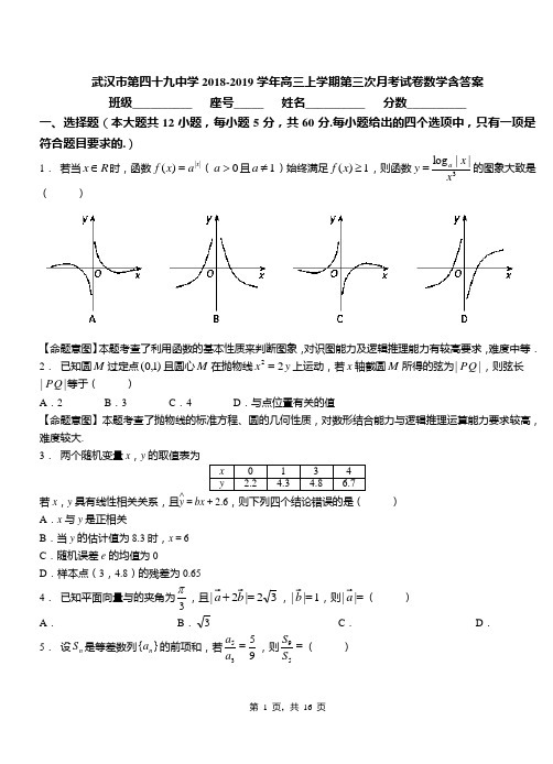 武汉市第四十九中学2018-2019学年高三上学期第三次月考试卷数学含答案