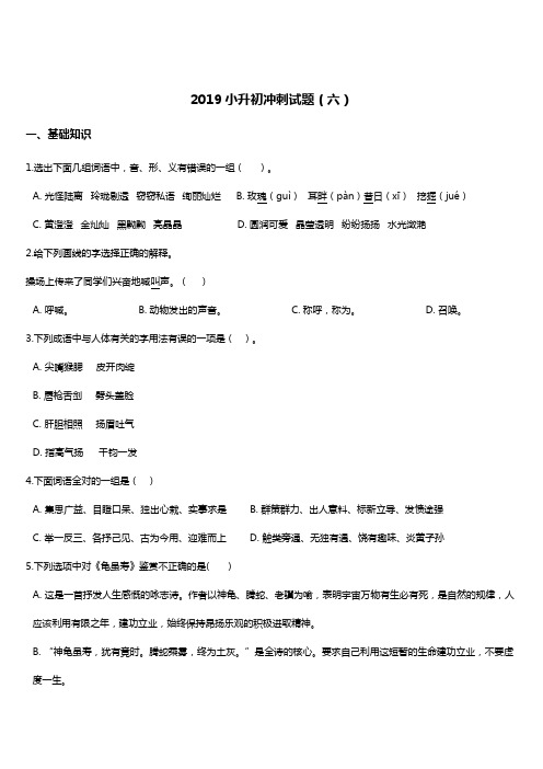 2019年小升初冲刺语文试题(6) 人教新课标 含答案