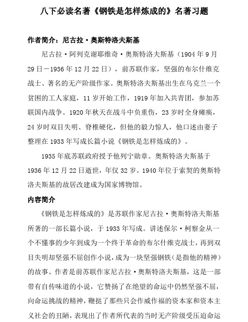 初中语文八年级下册  钢铁是怎样炼成的 练习题(含答案)
