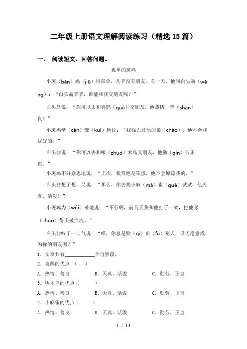 二年级上册语文理解阅读练习(精选15篇)