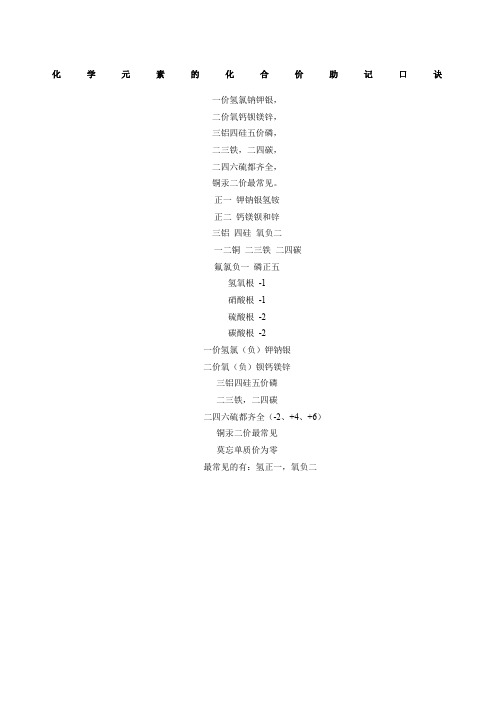 常见化学元素化合价