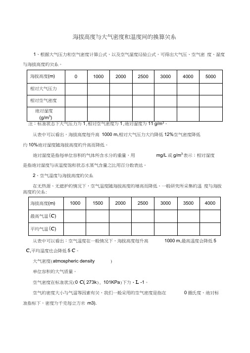 海拔与大气密度和温度间的换算关系