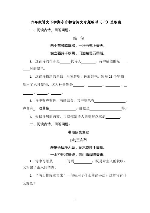 六年级语文下学期小升初古诗文专题练习(一)及答案