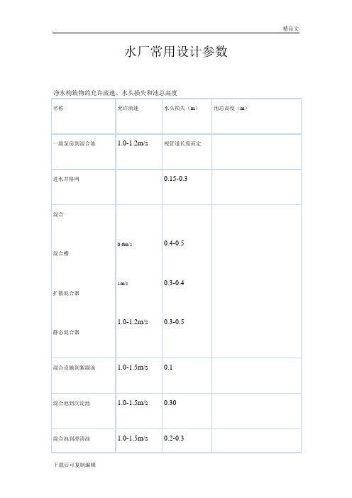 水厂常用设计参数大全
