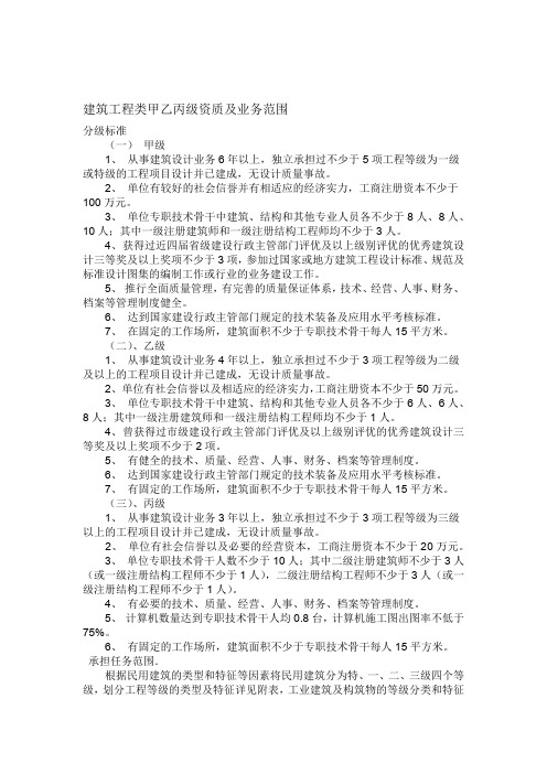 建筑工程甲乙丙资质及业务范围