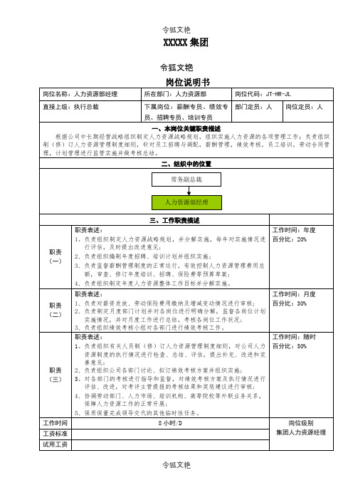 人力资源岗位说明介绍模板 新之令狐文艳创作