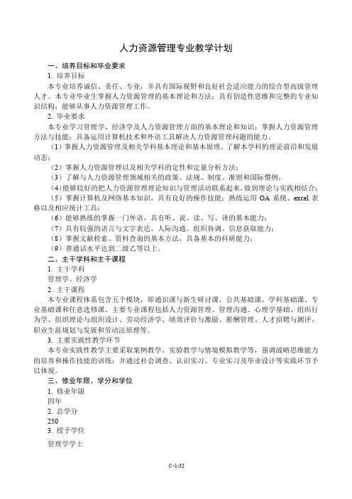 人力资源管理专业教学计划
