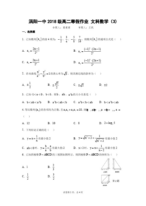 涡阳一中2018级高二寒假作业 文科数学(3)