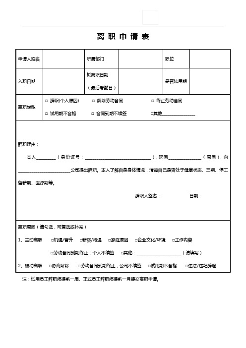员工离职申请表