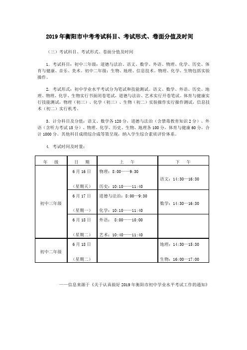 2019年衡阳市中考考试科目、考试形式、卷面分值及时间