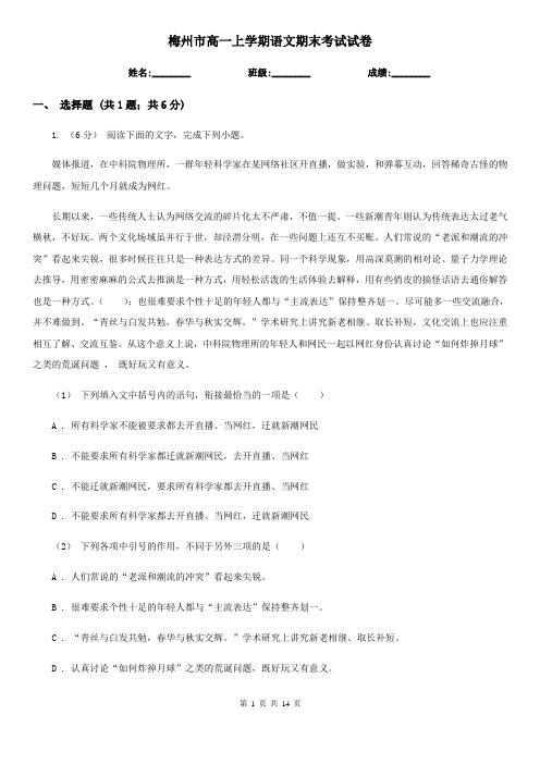 梅州市高一上学期语文期末考试试卷