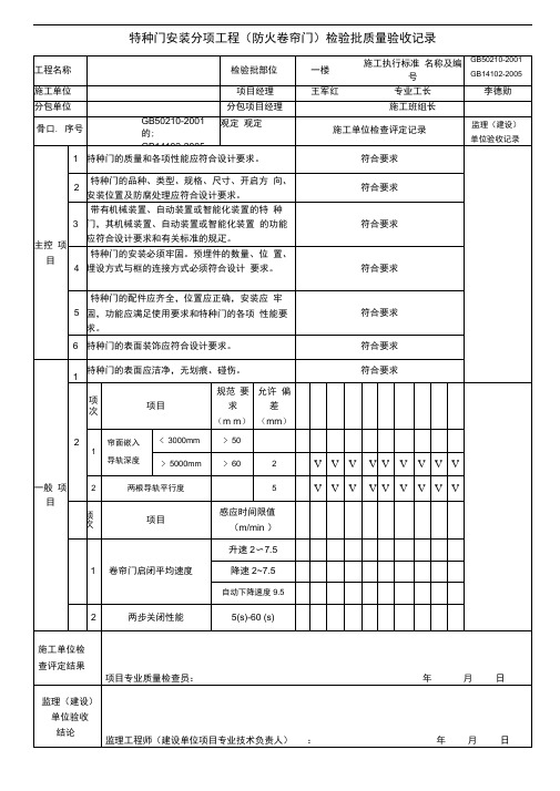 特种门安装分项工程(防火卷帘门)检验批质量验收记录