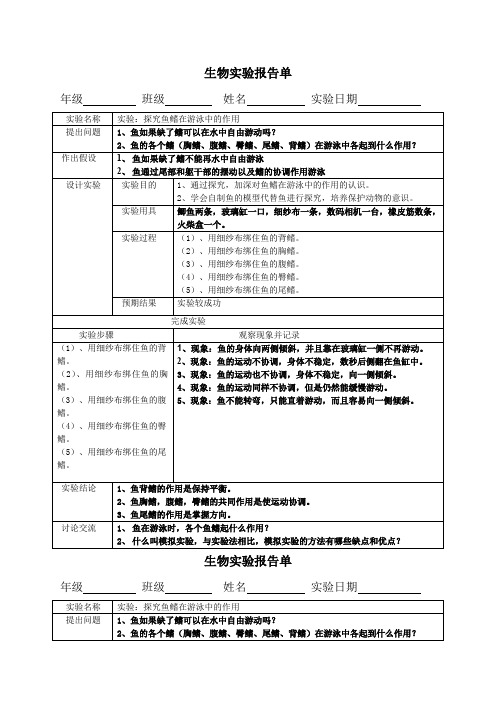 生物实验报告单探究鱼鳍在游泳中的作用