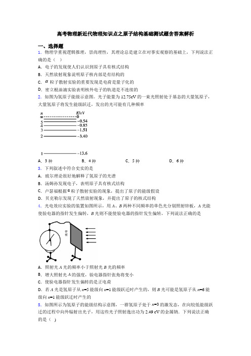 高考物理新近代物理知识点之原子结构基础测试题含答案解析
