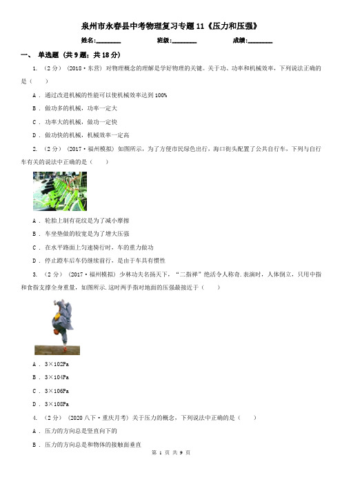 泉州市永春县中考物理复习专题11《压力和压强》
