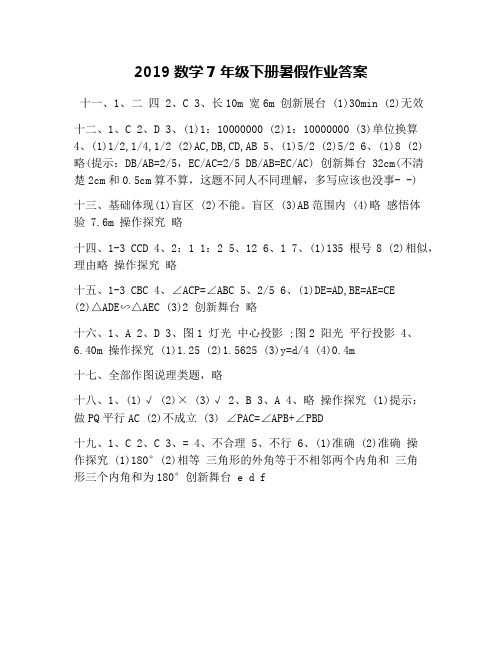 2019数学7年级下册暑假作业答案