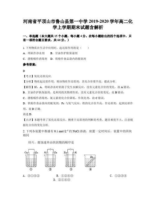 河南省平顶山市鲁山县第一中学2019-2020学年高二化学上学期期末试题含解析