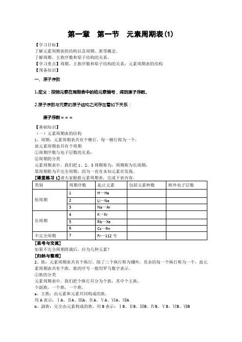 高中化学(新人教版,必修二)导学案《元素周期表》