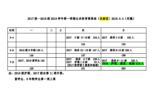 2017级--2018级2018学年第一学期公共体育课课表(北校区