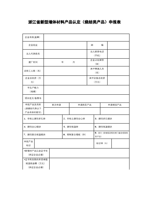 浙江省新型墙体材料产品认定(烧结类产品)申报表【模板】