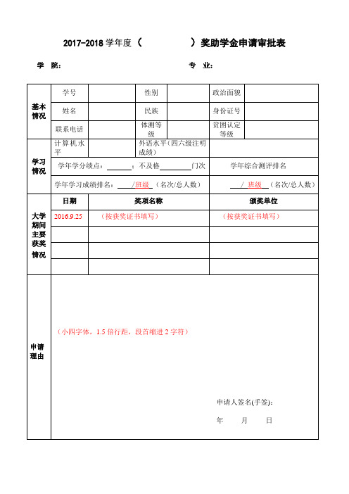 2017-2018学奖助学金申请审批表
