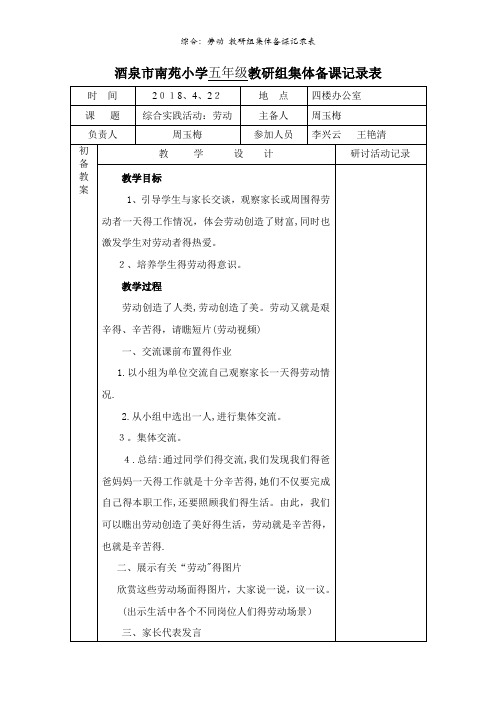 综合：劳动 教研组集体备课记录表