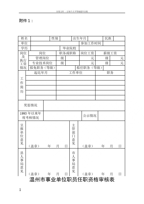 温州市事业单位职员任职资格审核表