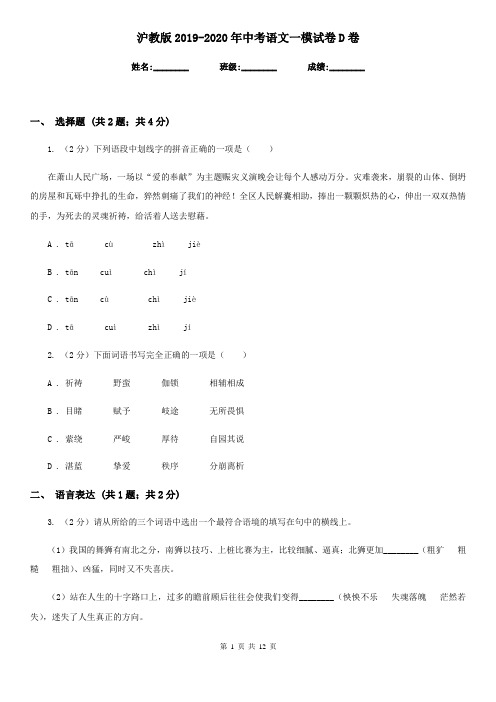 沪教版2019-2020年中考语文一模试卷D卷
