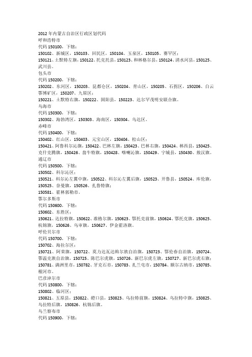 2012年内蒙古自治区行政区划代码