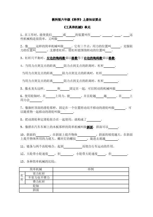 教科版六年级《科学》上册知识要点