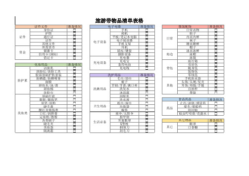 旅游带物品清单表格