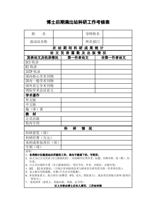 博士后期满出站科研工作考核表