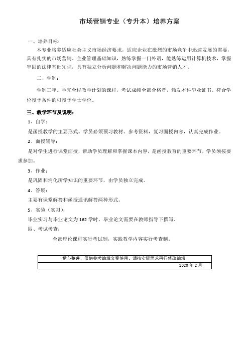 市场营销专业专升本培养方案