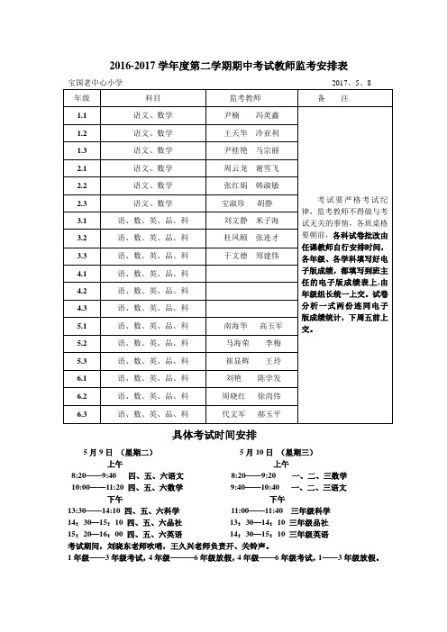 期初考试  监考  时间安排表 2017、5