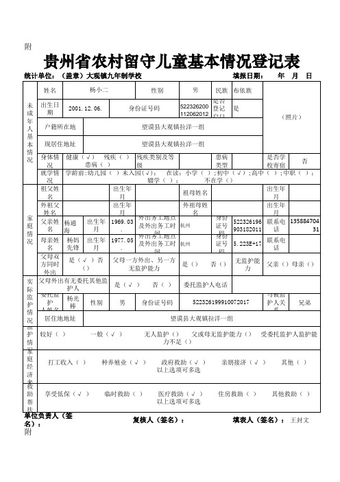 贵州省农村留守儿童基本情况登记表