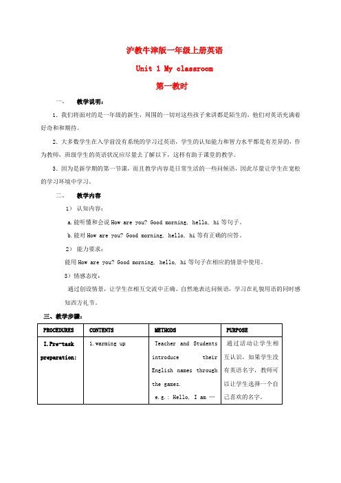 一年级英语上册 Unit 1 第一课时教案 沪教牛津版