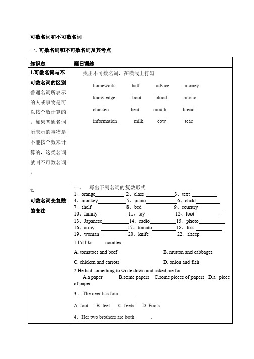 可数名词与不可数名词 讲义+练习题