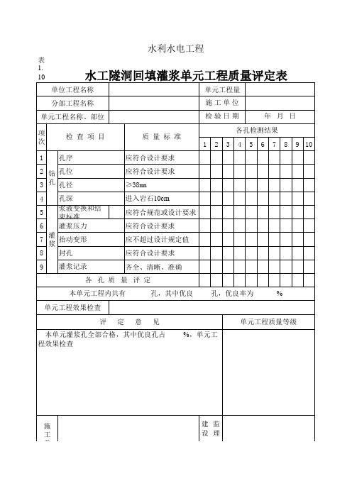 水工隧洞回填灌浆单元工程质量评定表