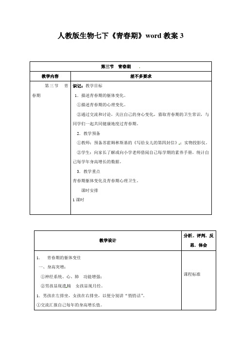 人教版生物七下《青春期》word教案3