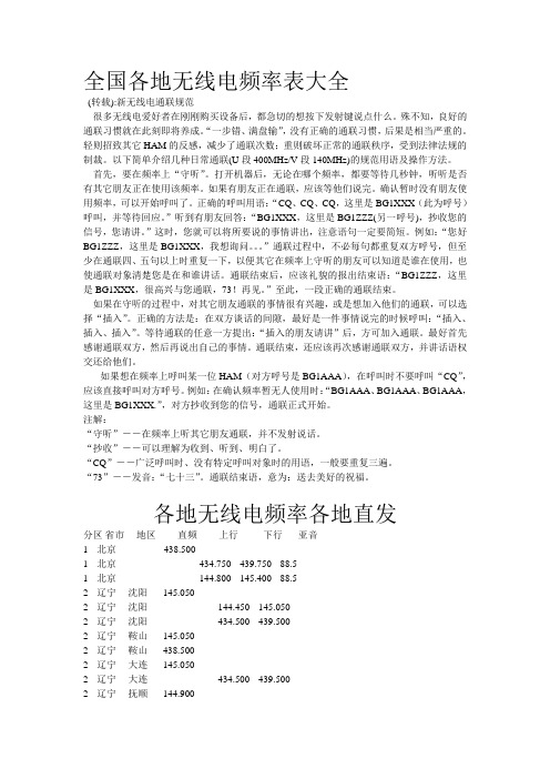 全国各地无线电频率表大全
