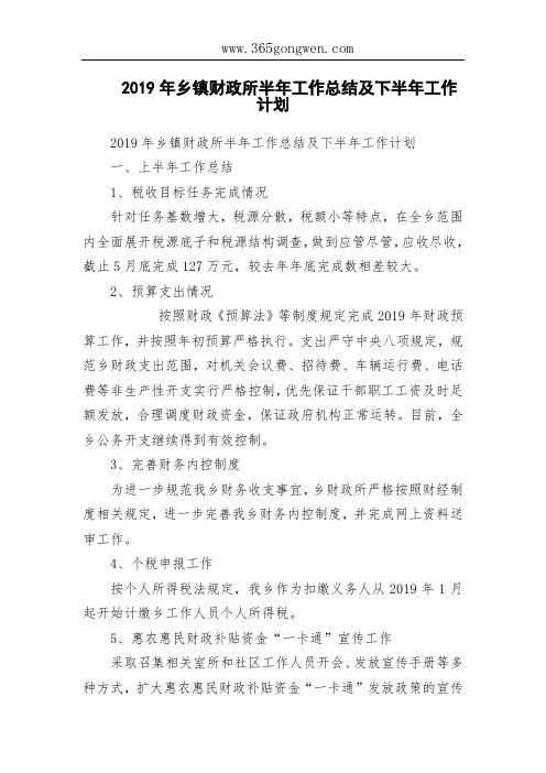 2019年乡镇财政所半年工作总结及下半年工作计划