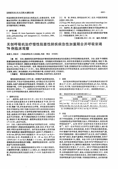 无创呼吸机治疗慢性阻塞性肺疾病急性加重期合并呼吸衰竭70例临床观察